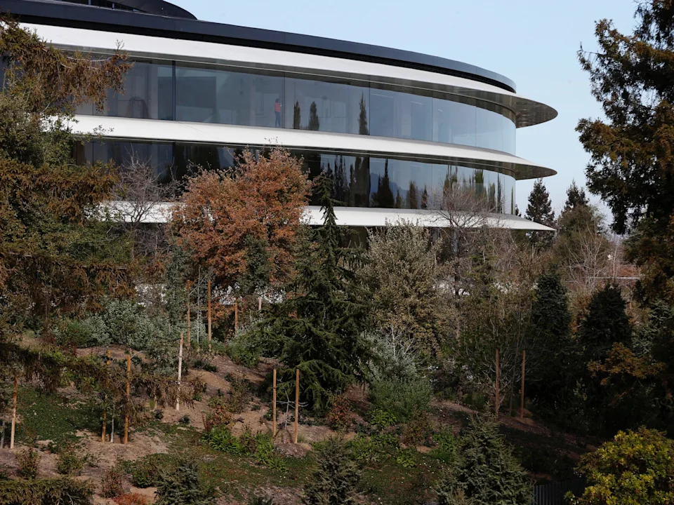 A view of Apple Park's main, circular 'spaceship' building through trees