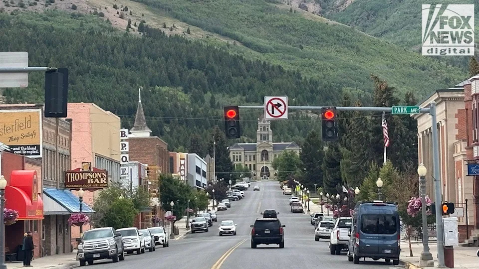 Main St. in Anaconda, Montana, leads to the Deer Lodge County Courthouse with mountains in the background. Photographed on Aug. 8, 2025 (Peter D'Abrosca/Fox News Digital)