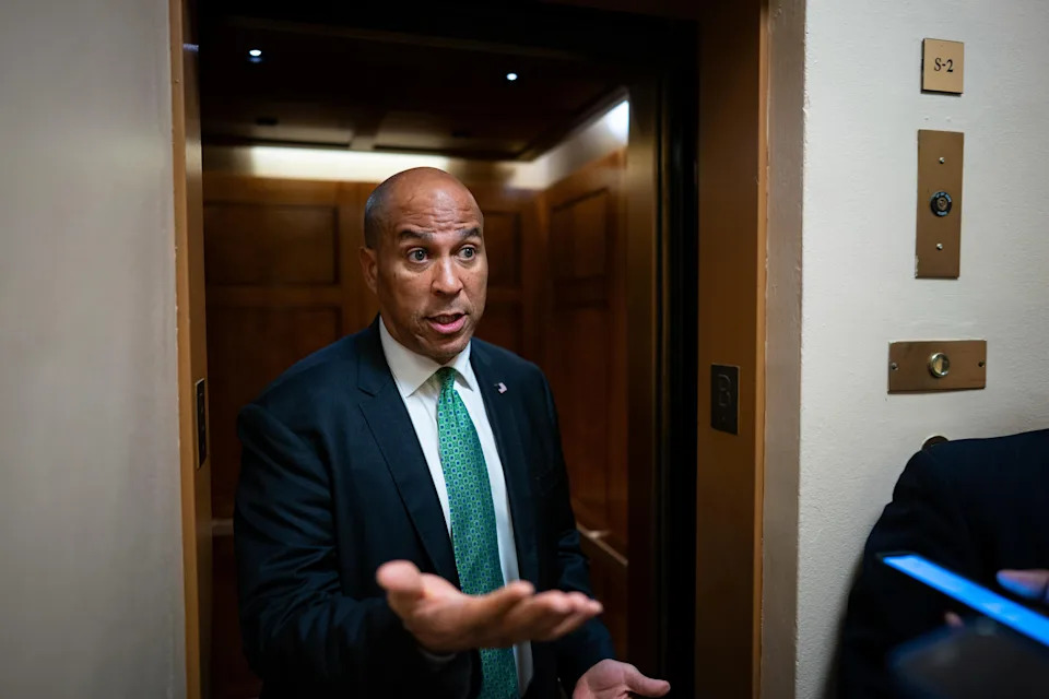 Senator Cory Booker, a Democrat from New Jersey, speaks to members of the media while arriving for a vote at the US Capitol in Washington, DC, US, on Thursday, July 17, 2025.   / Credit: Photographer: Al Drago/Bloomberg via Getty Images