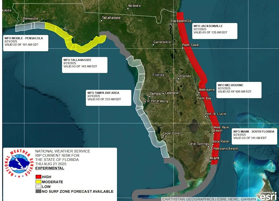 Florida rip current risks Aug. 21, 2025.