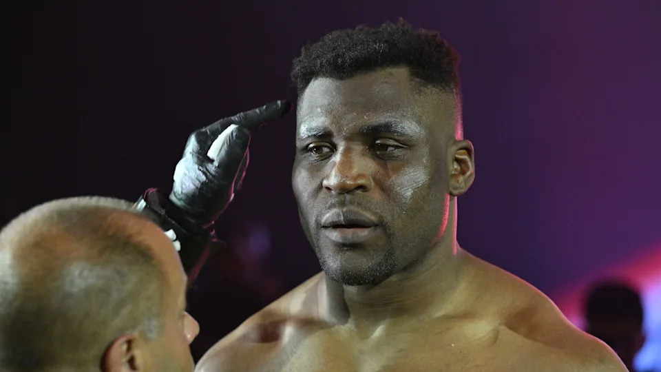 RIYADH, SAUDI ARABIA - OCTOBER 19: Renan Ferreira of Brazil and Francis Ngannou of Cameroon compete during a match organized by Professional Fighters League MENA in Riyadh, Saudi Arabia on October 19, 2024. (Photo by Mohammed Saad/Anadolu via Getty Images)