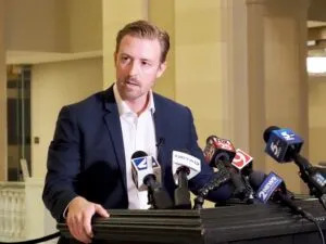  State Superintendent Ryan Walters speaks at a news conference at the state Capitol in Oklahoma City on May 16. (Photo by Nuria Martinez-Keel/Oklahoma Voice)