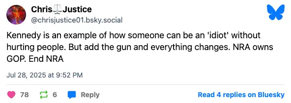 Comment criticizing gun influence in politics, stating NRA's control over GOP; ends with "End NRA."
