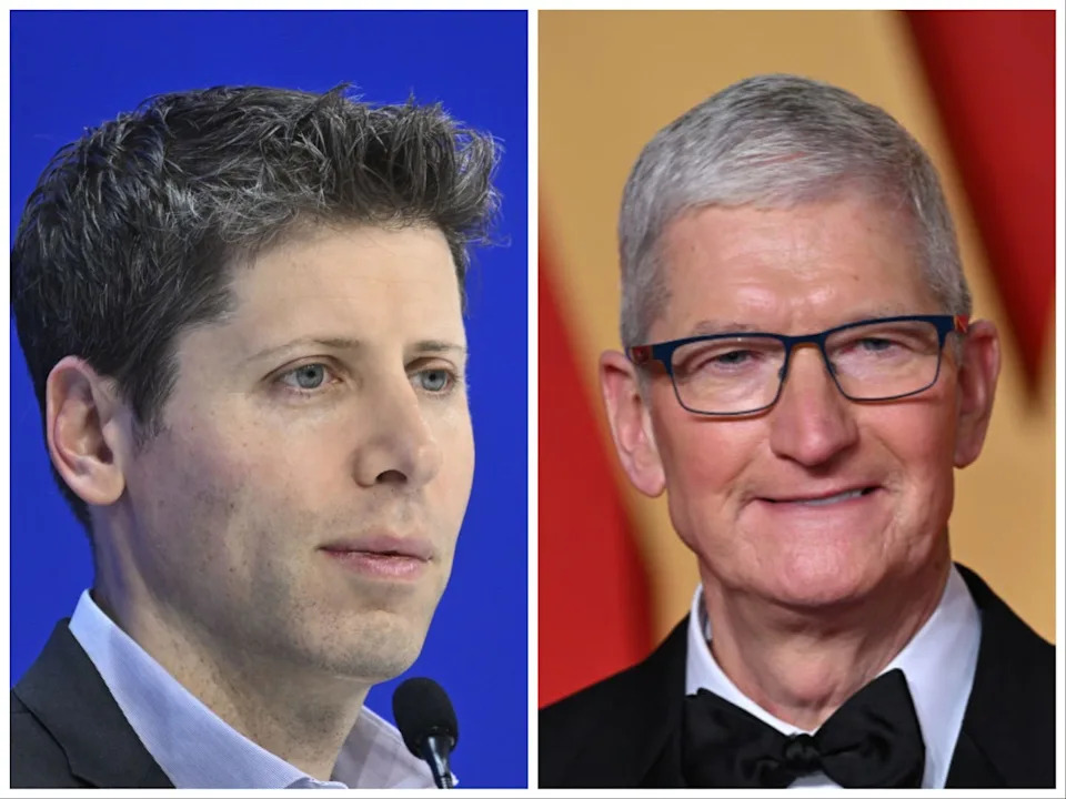 A composite image of Sam Altman and Tim Cook.