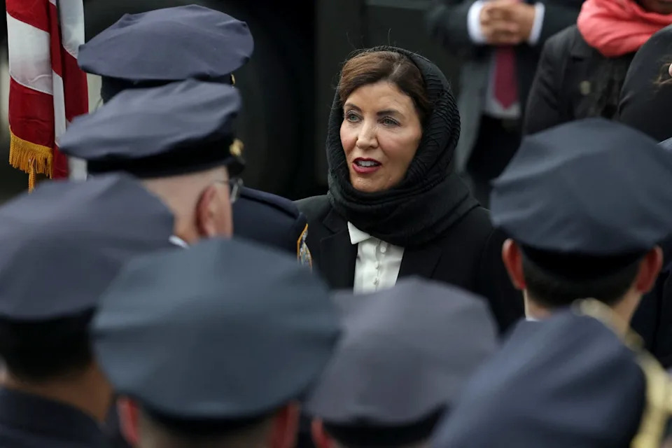Kathy Hochul has lashed out at Ted Cruz after he called her out for wearing a headscarf at a fallen Muslim officer’s funeral (REUTERS)