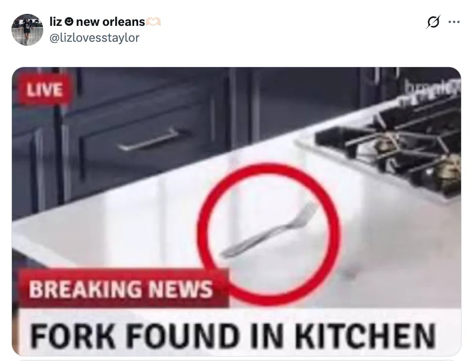 Parody news image shows a kitchen counter with a red circle around a fork. Caption reads: "Breaking News: Fork Found in Kitchen."