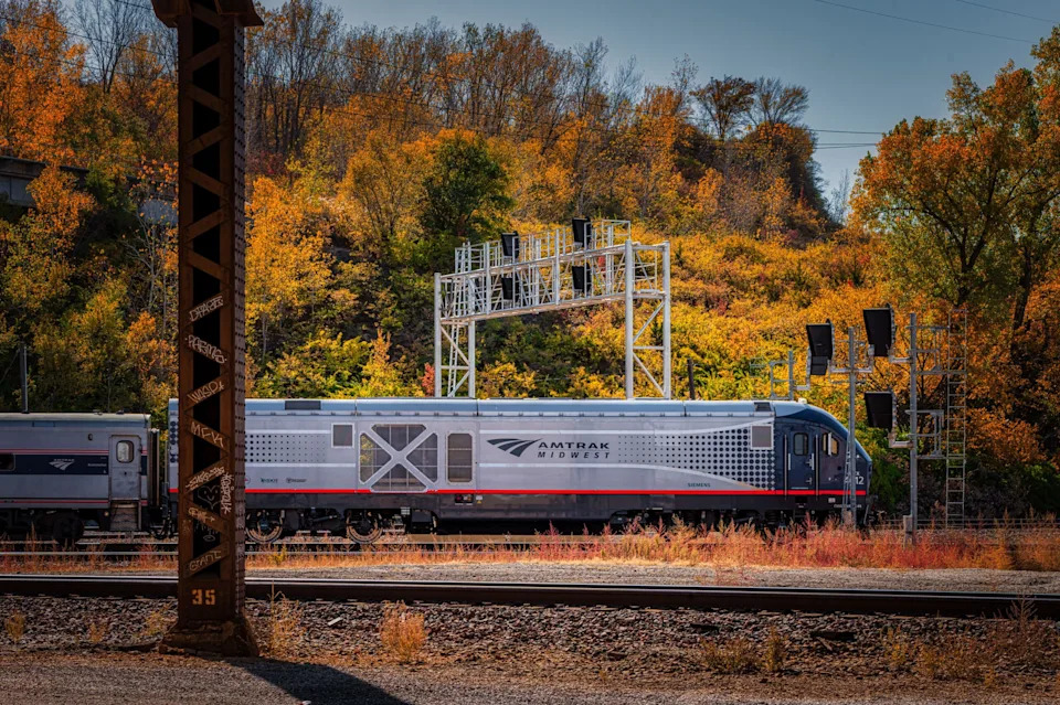  An Amtrak train moving against a scenic forest in Kansas City in 2022. (Wirestock/Getty Images Plus)