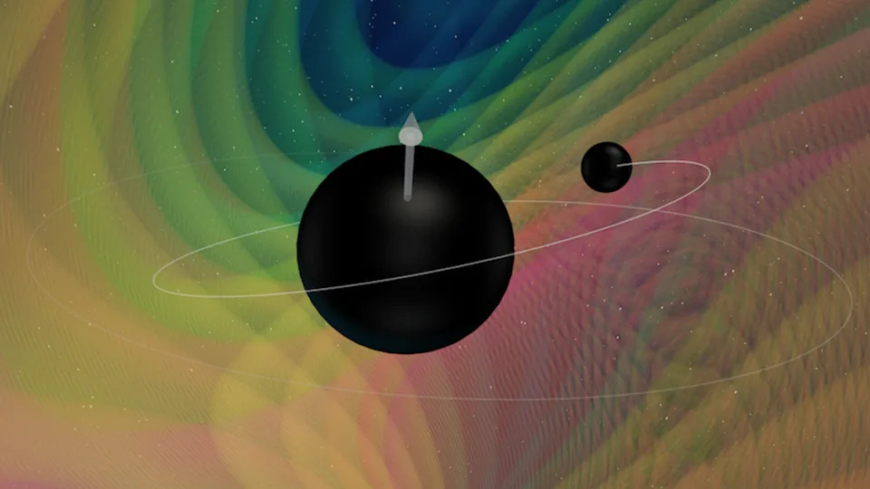 An artistic diagram showing unevenly sized black holes merging 