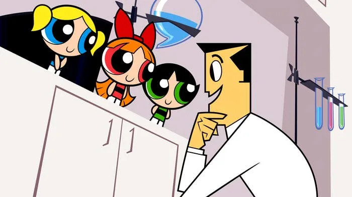 Animated characters and a scientist converse in a laboratory setting with test tubes in the background