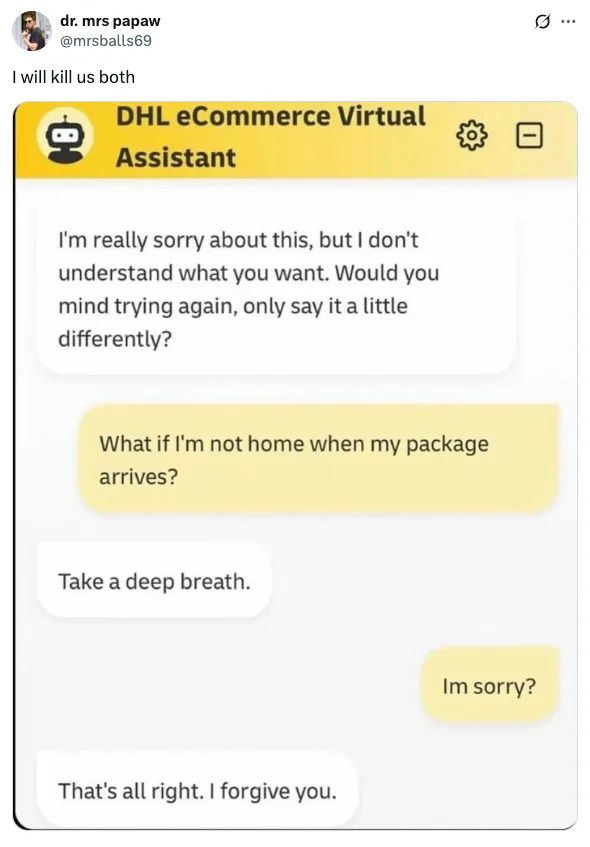 A DHL virtual assistant conversation where the AI provides an unexpected, forgiving response to a question about package delivery