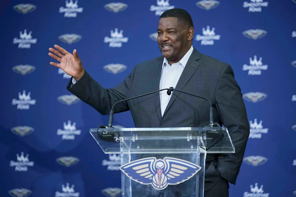 FILE - Joe Dumars, the New Orleans Pelicans executive vice president of basketball operations, speaks at a press conference in Metairie, La., on April 22, 2025. (AP Photo/Matthew Hinton, File)