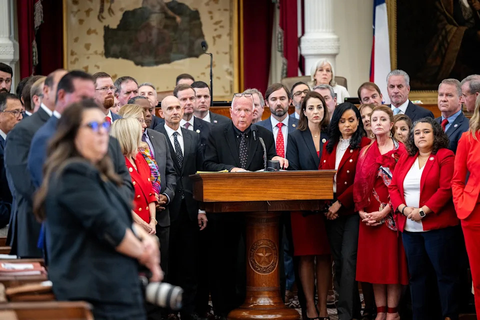 Brandon Bell/Getty Images - PHOTO: Republican State Rep. Todd Hunter debates the newly introduced redistricting bill, House bill 4 during a House meeting in the State Capitol, August 20, 2025 in Austin, Texas.