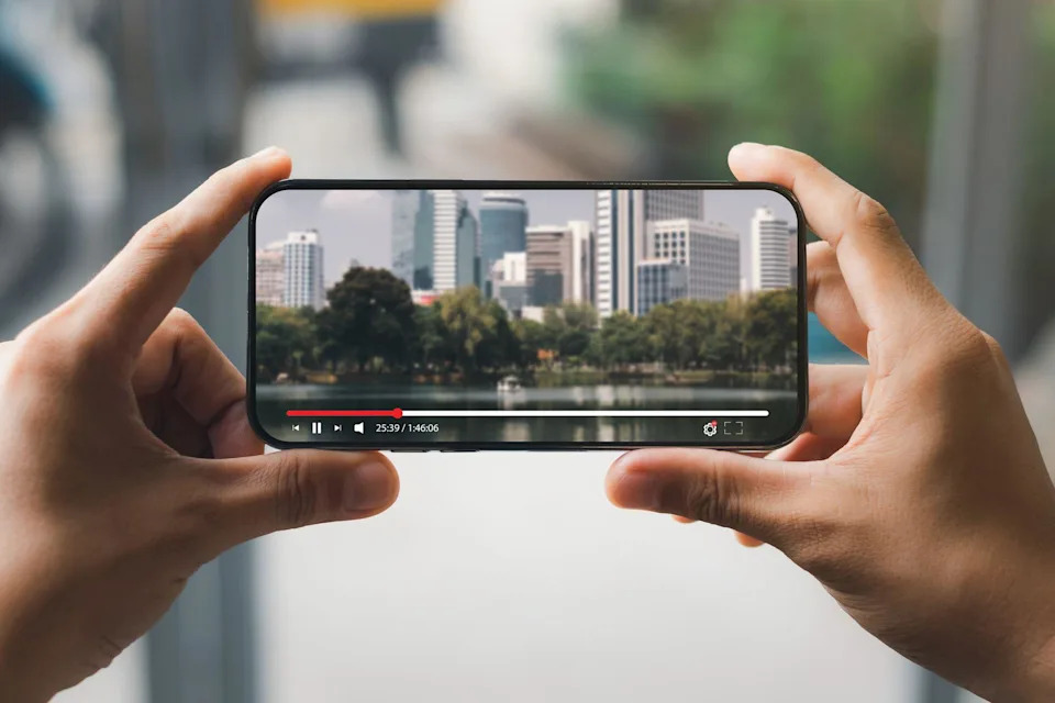 Una persona sostiene un teléfono celular en las manos, en el que se está reproduciendo un video. 
