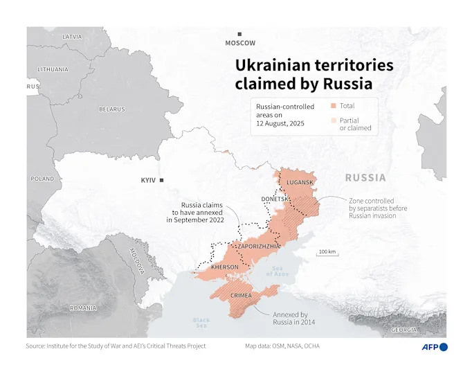 Map of Ukraine showing areas claimed by Russia as well as Russian territorial advances as of Aug. 12, 2025.  / Credit: Graphic by GUILLERMO RIVAS PACHECO,JEAN-MICHEL CORNU/AFP via Getty Images