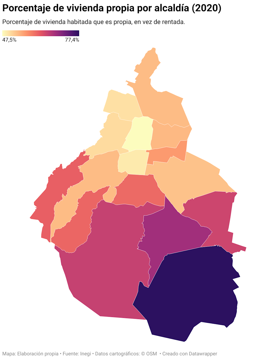 Porcentaje de vivienda propia por alcaldía (2020) (Mapa coroplético)