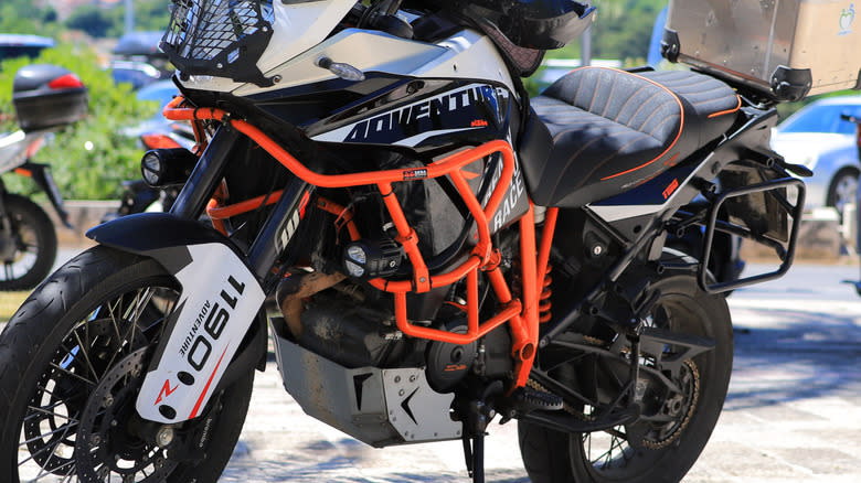 An ADV motorcycle fitted with crash guards.