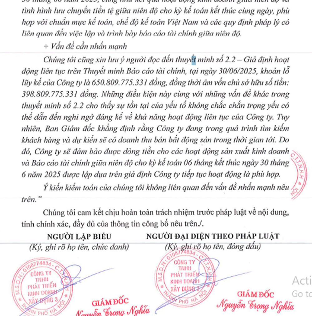 Công ty Xây dựng 3 tiếp tục lỗ nặng, âm vốn chủ sở hữu, kiểm toán nêu mối nghi ngờ