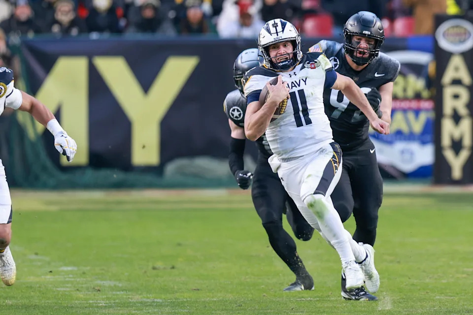 LANDOVER, MD - DECEMBER 14: Blake Horvath #11 of the Navy Midshipmen rushes the ball during a game between Navy and Army at Northwest Stadium on December 14, 2024 in Landover, Maryland. (Photo by Roger Wimmer/ISI Photos/Getty Images)