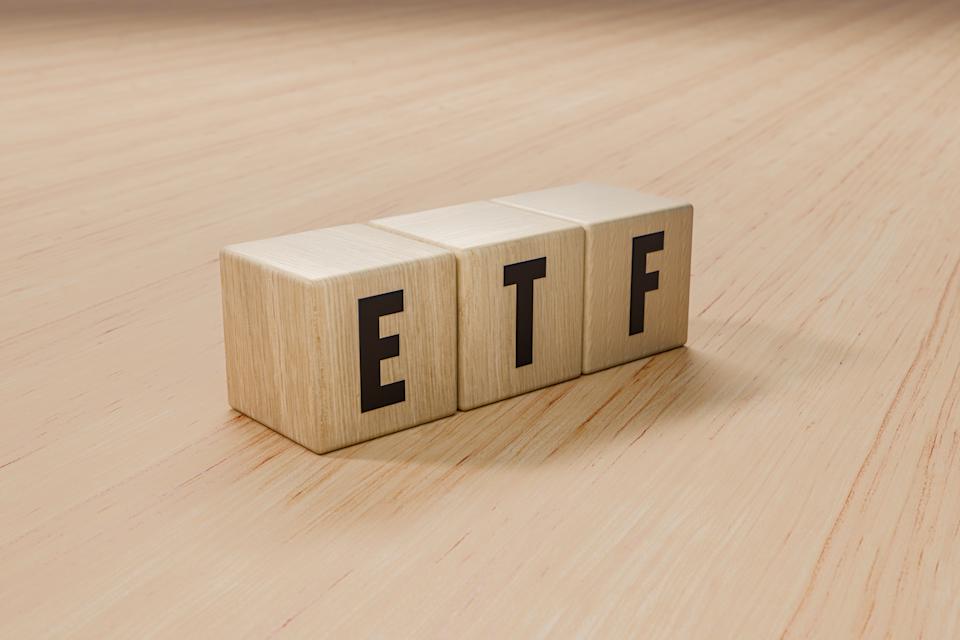 digital illustration of blocks spelling ETF (exchange traded fund)