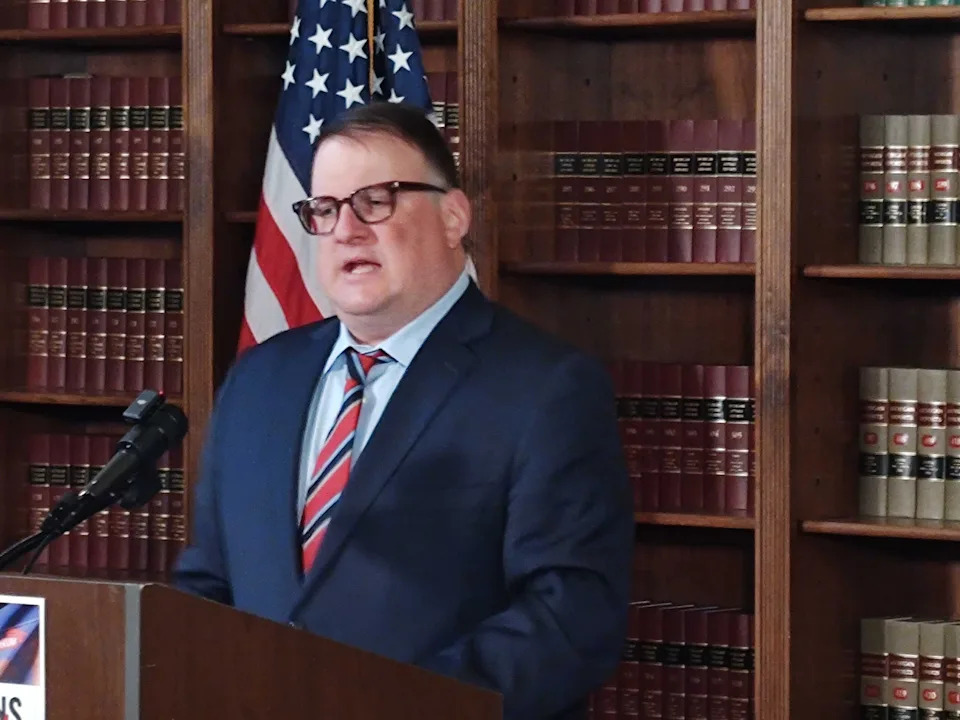  Michigan House Speaker Matt Hall (R-Richland Twp.) cheered his caucus’s efforts on road funding and education reform at an April 15, 2025 press conference. | Kyle Davidson