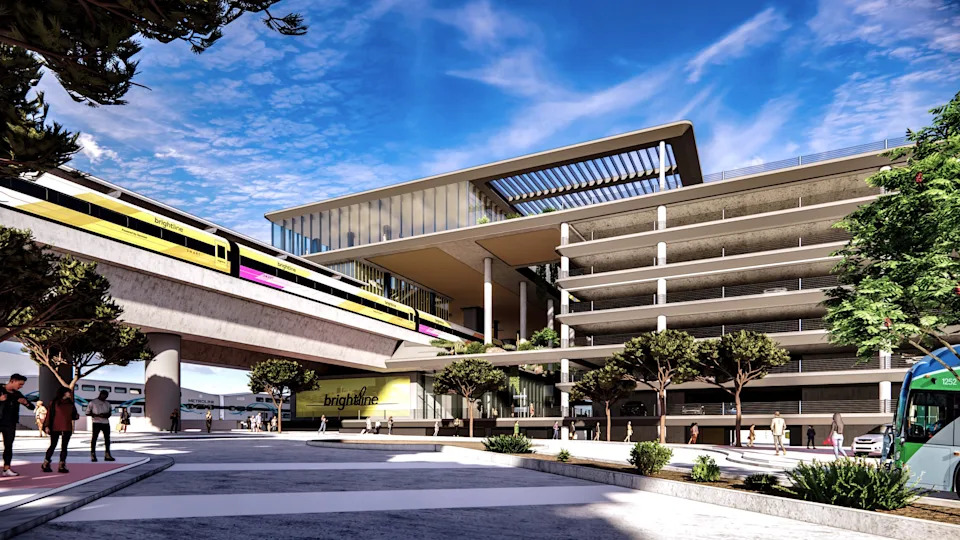 A rendering of a Rancho Cucamonga train station, which would be the southern end of a planned Las Vegas to Southern California high-speed rail line that could open as early as 2028.