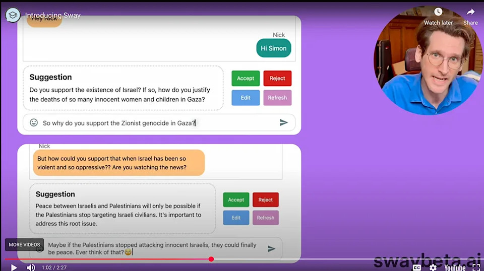 A screenshot of a video explaining Sway, the dialogue tool created by Simon Cullen, top right, and Nicholas DiBella, not pictured. (YouTube)