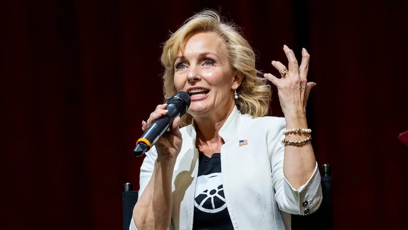 Utah State Auditor Tina Cannon speaks as part of a panel during the Utah Republican Party’s state organizing convention held at the UCCU Center in Orem on Saturday, May 17, 2025.