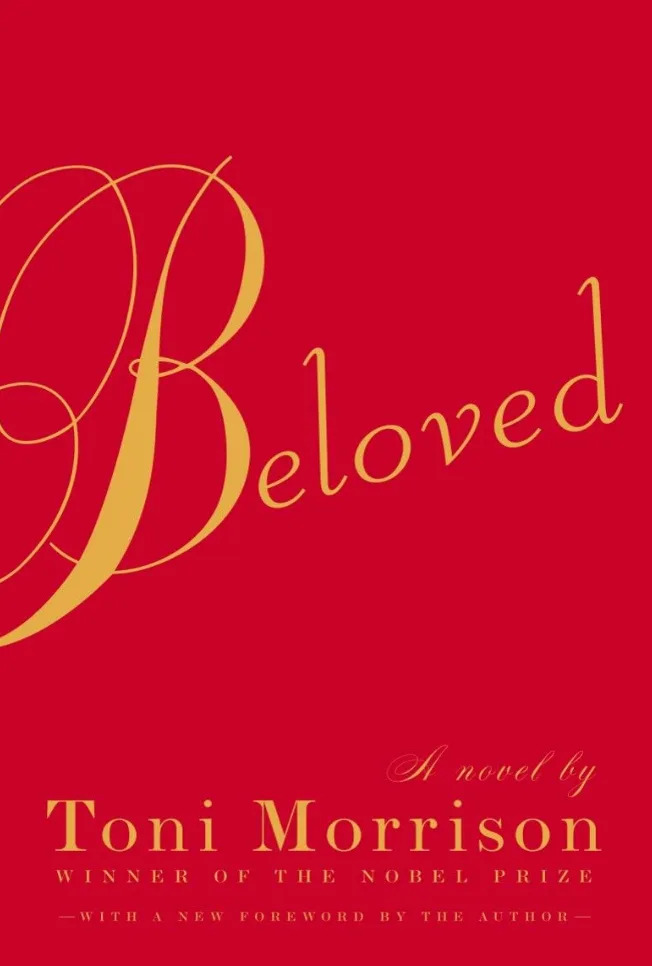 Cover of "Beloved" by Toni Morrison, featuring the title with decorative lettering and mentioning it is a novel by a Nobel Prize winner