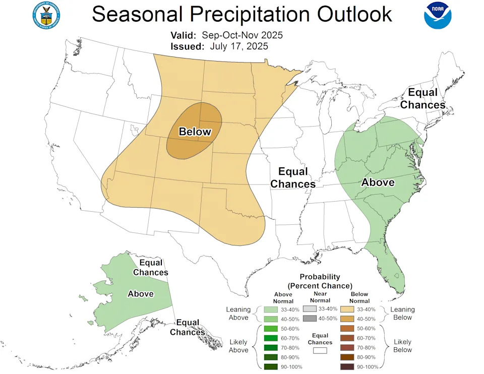 Here is the precipitation outlook map for the U.S. for September through November 2025.