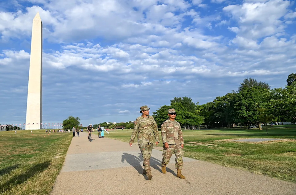 Sgt. Joseph Spraktes/U.S. Army - PHOTO: Soldiers assigned to the 273rd Military Police Company, Washington, D.C. National Guard, patrol the National Mall, in Washington, August 12, 2025.