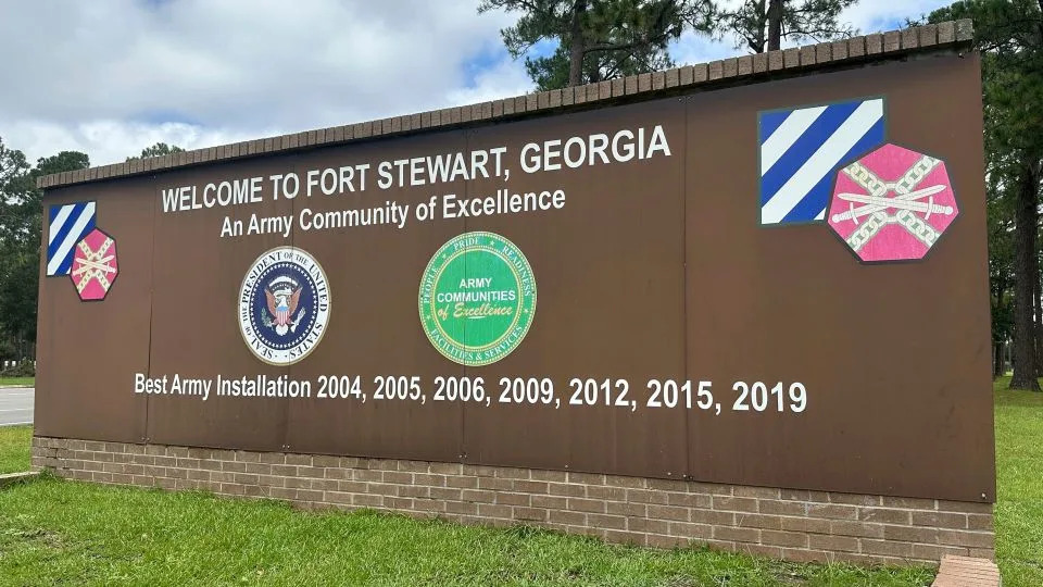 A sign outside the main gate of Fort Stewart, Georgia, is shown on Wednesday. - Russ Bynum/AP