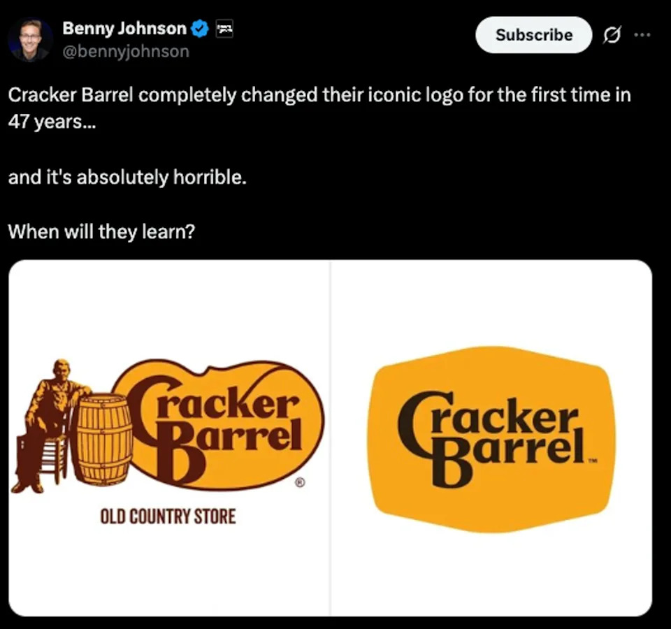 MAGA influencer Benny Johnson melts down over Cracker Barrel's redesigned logo on X on Wednesday August 20 2025 (Benny Johnson/X)