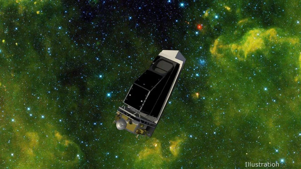 An illustration shows NEO Surveyor, NASA's next-generation near-Earth object hunter. - University of Arizona/JPL-Caltech/NASA