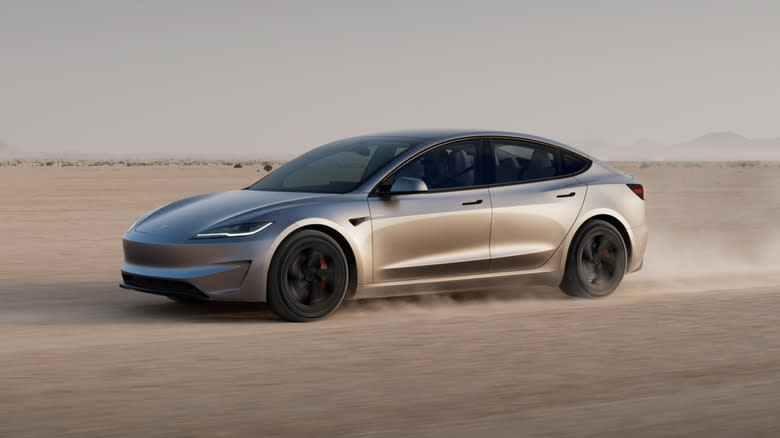 Tesla Model 3 Performance zooming across the desert