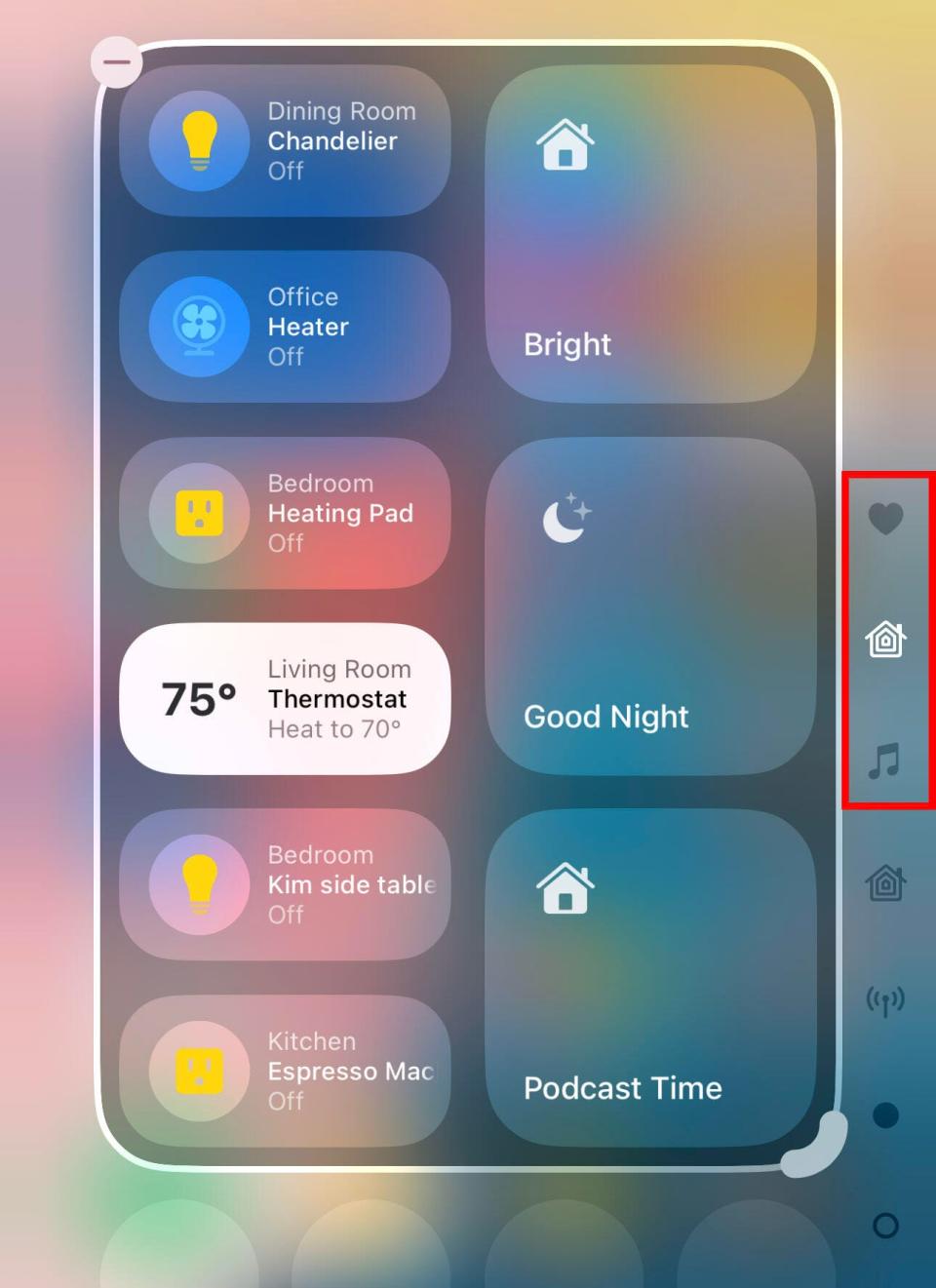Screenshot of editing Control Center on iOS 18, with a large Home block occupying nearly the entire screen. A red callout box points to icons at right indicating that Home is now moved before Now Playing.