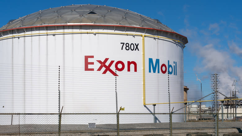 a gas refinery tank in Louisiana with Exxon Mobil logo on the side