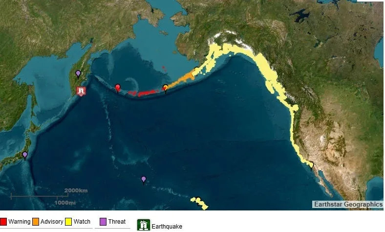 A tsunami watch was issued for the entire west coast of the U.S. and Canada after an 8.7 magnitude earthquake off the coast of Russia on July 29. Tsunami activity could occur along the coast as late as 1:15 a.m. local time in La Jolla, California, according to the National Weather Service.
