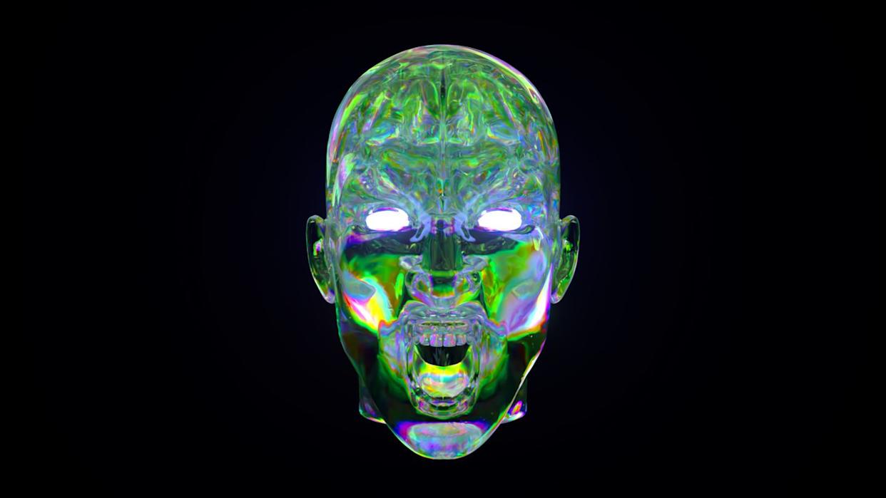 visualization of artificial intelligence. diamond brain inside a transparent screaming head. rainbow green.