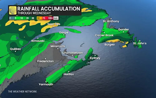 Atlantic Canada rainfall accumulation through Wednesday