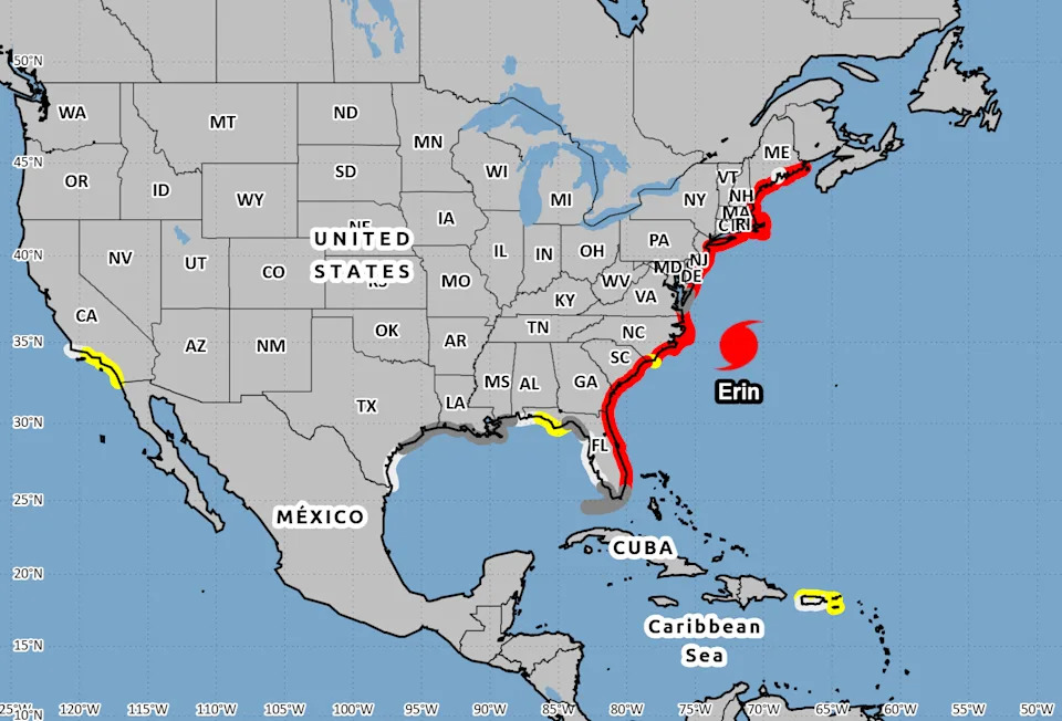 Rip currents associated with Hurricane Erin 8 a.m. Aug. 21, 2025.