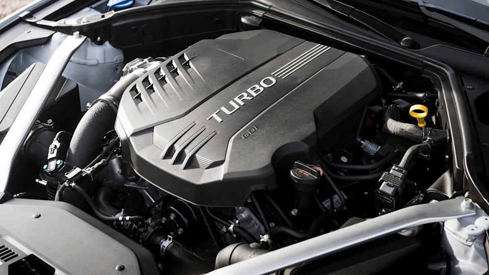 Close-up shot under the hood of a 2022 Genesis G70.