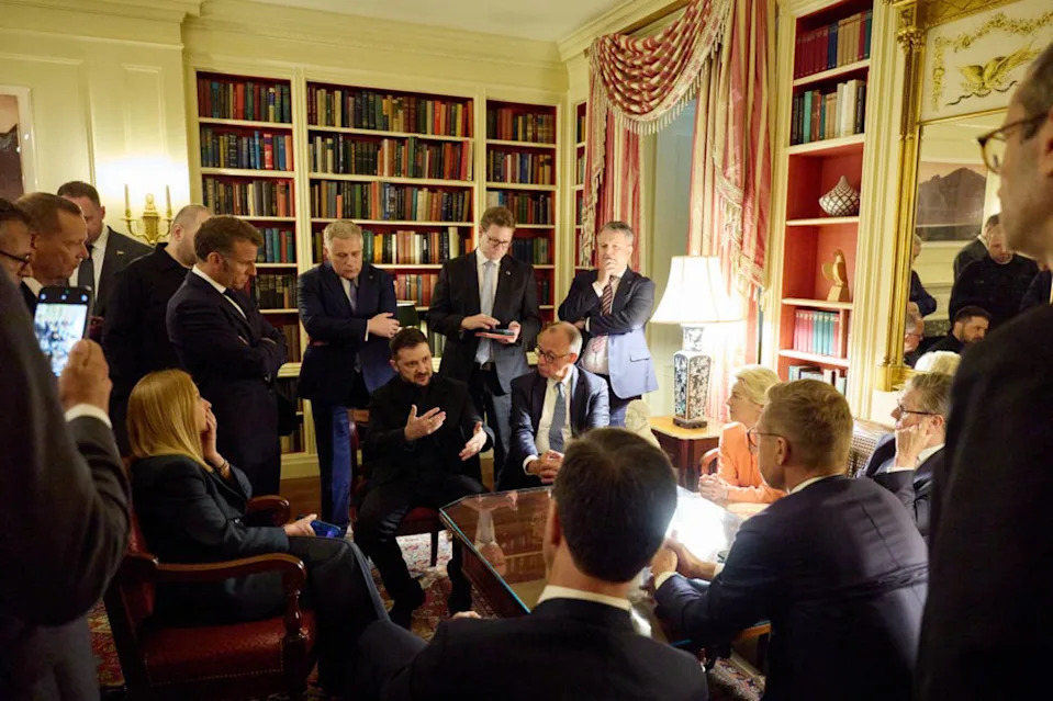 Zelenskyy meets with European allies at the Ukrainian Embassy in Washington on Monday. (Ukrainian Presidential Press Service)