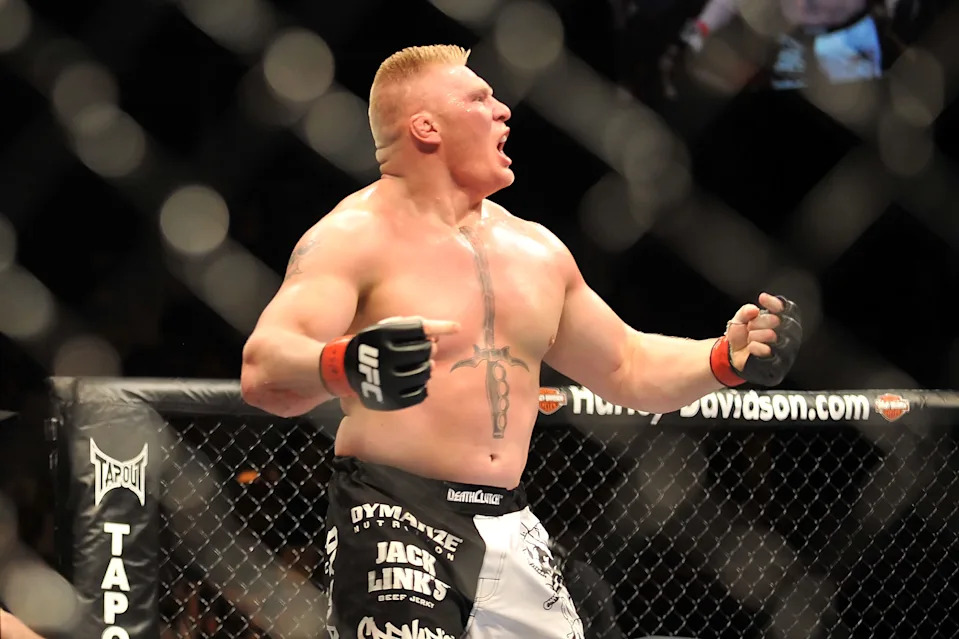 LAS VEGAS - JULY 11:  Brock Lesnar reacts after knocking out Frank Mir during their heavyweight title bout during UFC 100 on July 11, 2009 in Las Vegas, Nevada.  (Photo by Jon Kopaloff/Getty Images)