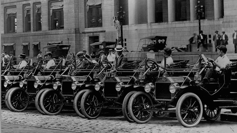 Ford Model Ts park in a row outside the city hall at St. Louis, Missouri, ca. 1920s. (Photo by Library of Congress