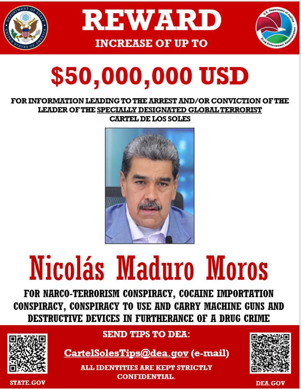 Maduro fue acusado en un tribunal federal de Manhattan en 2020, durante la primera presidencia de Trump, junto con varios aliados cercanos por cargos federales de narcoterrorismo y conspiración para importar cocaína. En ese momento, los EE.UU. ofrecieron una recompensa de $15 millones por su detención (X/@StateINL)