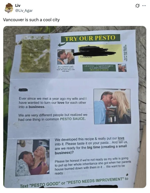 Flyer with images of a couple titled "Try Our Pesto." They invite feedback on their pesto product, asking if it's suitable for a business