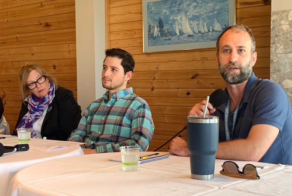  Inland lakes panel discussion at Portage Yacht Club in Pinckney. July 28, 2025. Pictured left to right: State Rep. Jennifer Conlin (D-Ann Arbor Charter Township); Stat Rep. Noah Arbit (D-West Bloomfield); and Jeff Pierce, district supervisor of EGLE’s Water Resources Unit. | Photo by Leah Craig/Michigan Advance