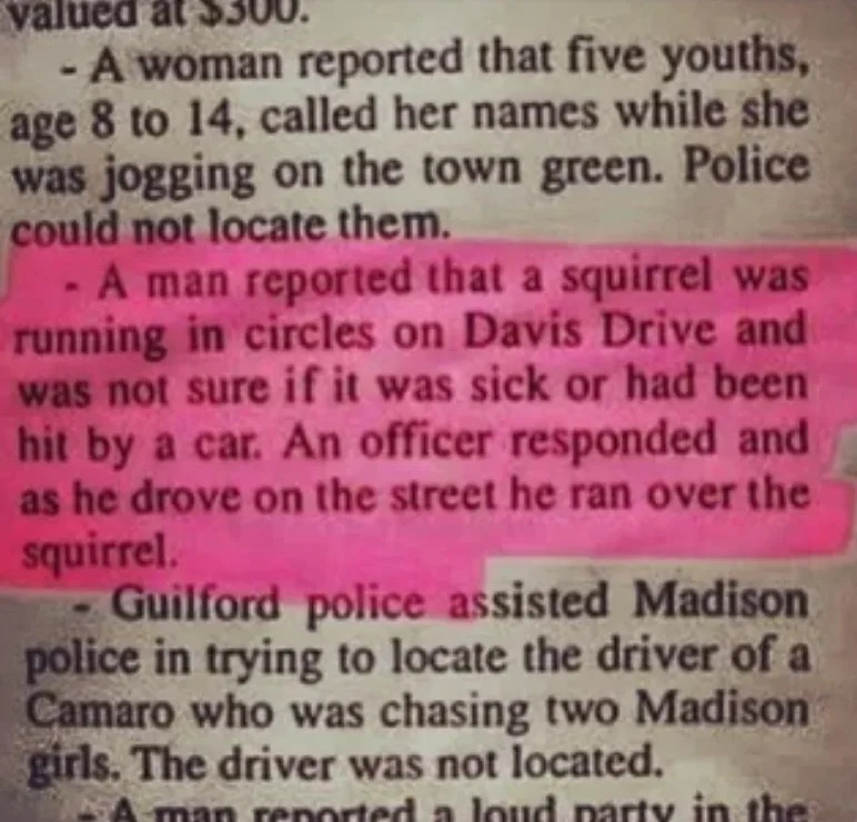 Police reports highlighting various incidents, including a squirrel that was running in circles, causing a resident to call, wondering if it was sick or injured. The responding officer ran over the squirrel accidentally