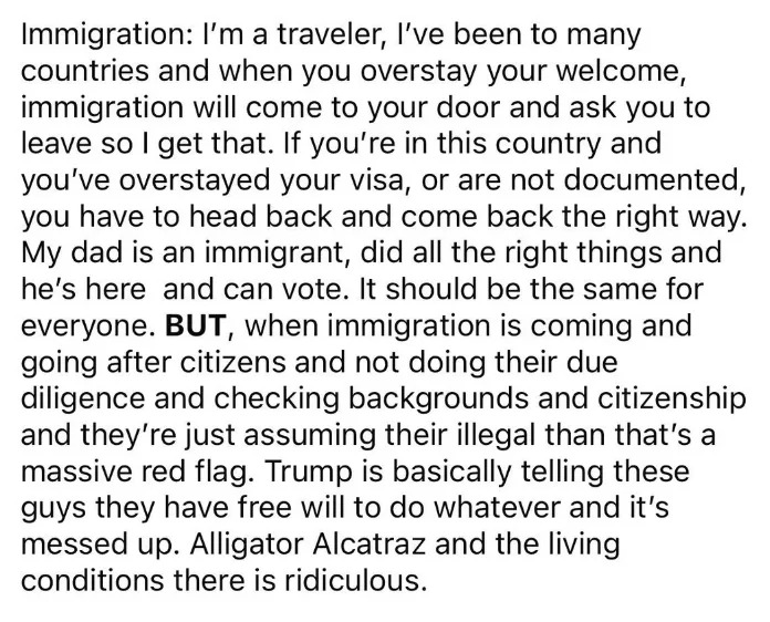 Summary: The text discusses immigration issues, emphasizing fair treatment for overstaying travelers and immigrants while criticizing harsh detainment conditions