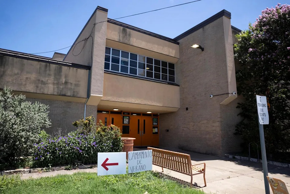 AUSTIN, TEXAS - July 23, 2025: The exterior of Dobie Middle School. Austin Voices for Education and Youth, hosts a summer camp at the Dobie Middle School for students that attend the three Austin ISD schools at risk of closure. Ilana Panich-Linsman for The Texas Tribune